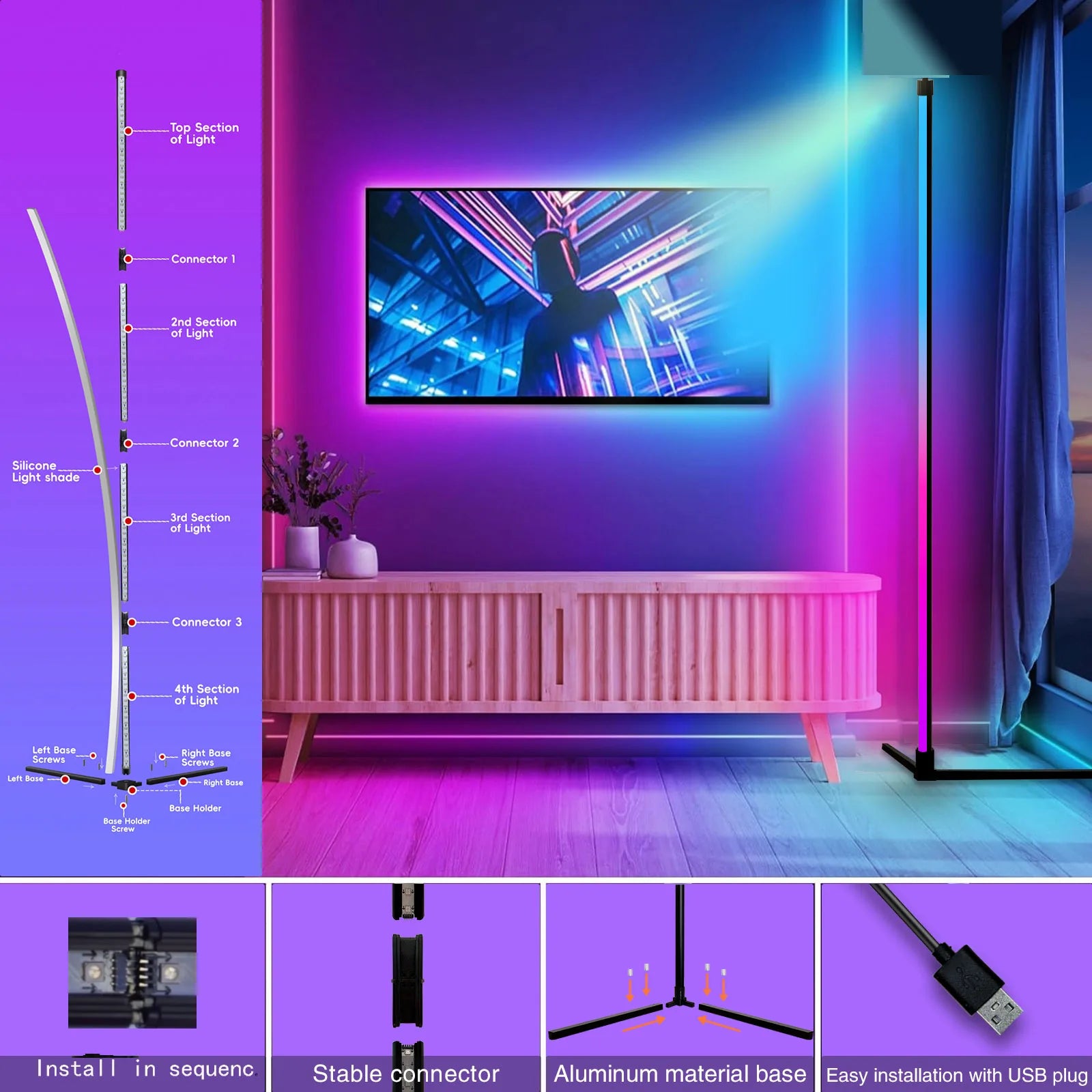 Modern RGB Corner Floor Lamp with Music Sync